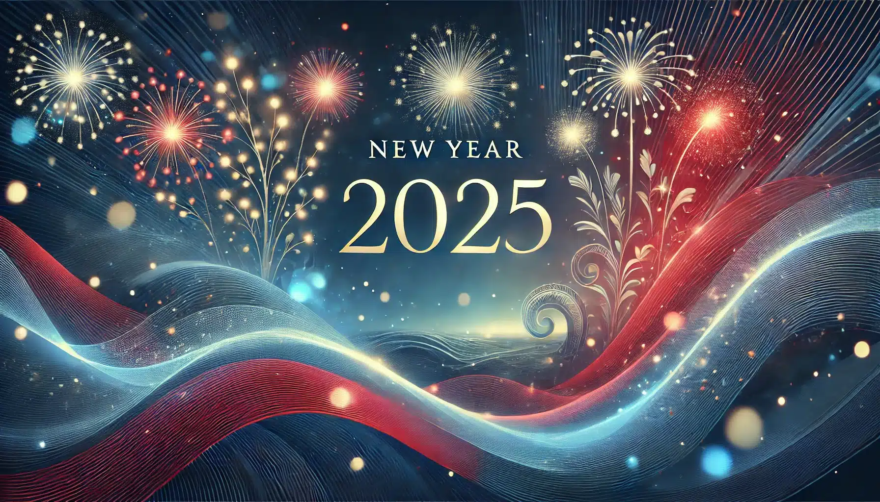 Image festive et apaisante aux couleurs bleu et rouge, avec des effets lumineux élégants, des particules scintillantes et des vagues abstraites. Des feux d’artifice subtils illuminent l’arrière-plan, symbolisant l’espoir et l’unité.