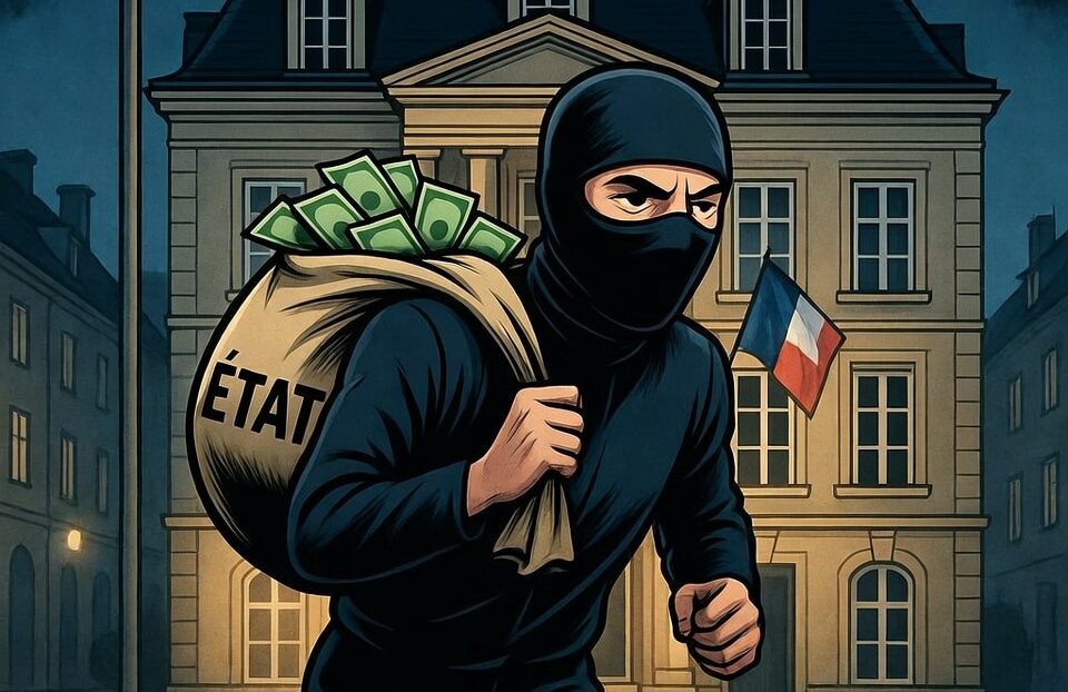 silhouette masquée emportant un sac d’argent marqué « État » devant un bâtiment public, de nuit. Il met en lumière le plafonnement décidé par le gouvernement sur le budget CNFPT